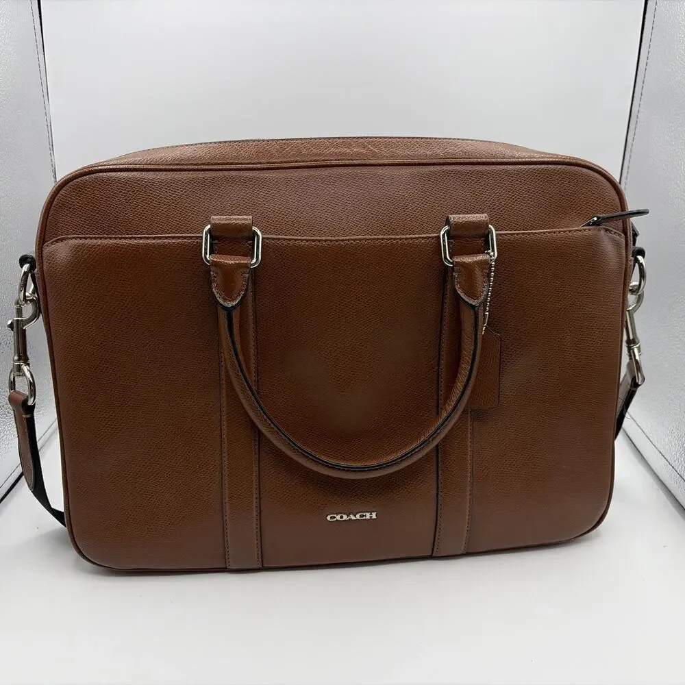 Coach Metropolitan Brown Dark Saddle Slim Briefcase Pebbled Leather Laptop Bag